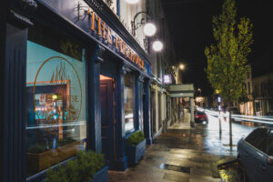 Front of The Firehouse Enniskillen restaurant lit up at night. food before a night out enniskillen