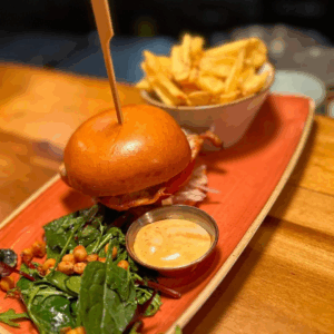 signature dishes at The Firehouse - burger with fries, side salad - family restaurants Enniskillen