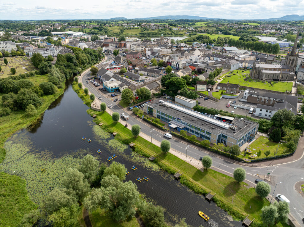 Visiting Ennskillen for the first time, aerial view of group of people using hydrobokes on lough erne
