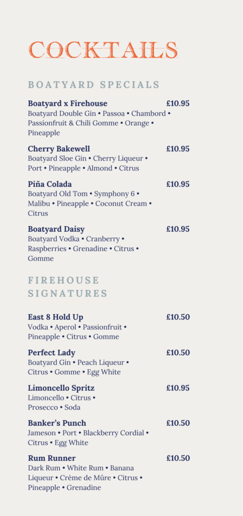 Firehouse Bar & Grill Enniskillen Cocktail Menu - Boatyard Specials and Firehouse Signatures