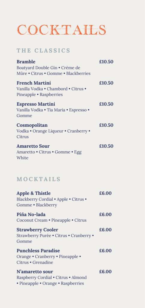 Firehouse Bar & Grill Enniskillen Cocktail Menu - classics and mocktails