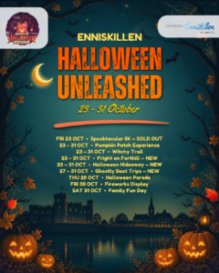 Halloween in Enniskillen - Enniskillen Halloween Unleashed events from 23 to 31 October including pumpkin patch, witchy trail, ghostly boat trips, Halloween parade, fireworks and family fun day.